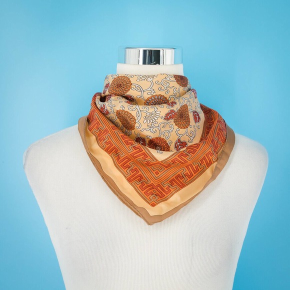 Oscar de la Renta Accessories - Oscar de la Renta Orange Peach White Floral 26 Inch Square Scarf
